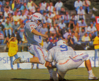 Munkka Colts Sakari Karstun kicks the only score of the match in a 3-0 win over Helsinki East City Giants in Maple Bowl X in 1989