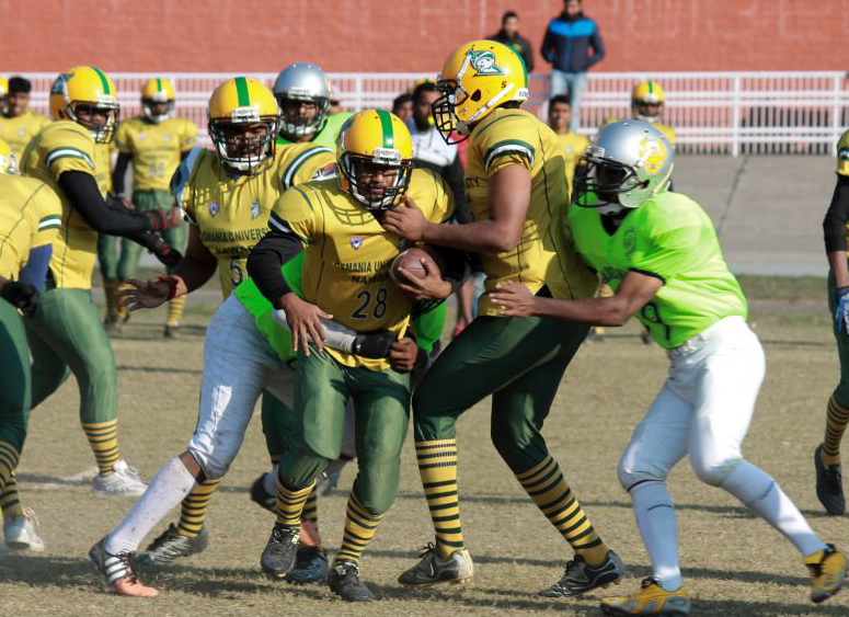 Osmania University Hyderabad made big gains rushing against Bangalore University 24 December 2015 [Reference: 6][Picture Credit: Ekalavyas]