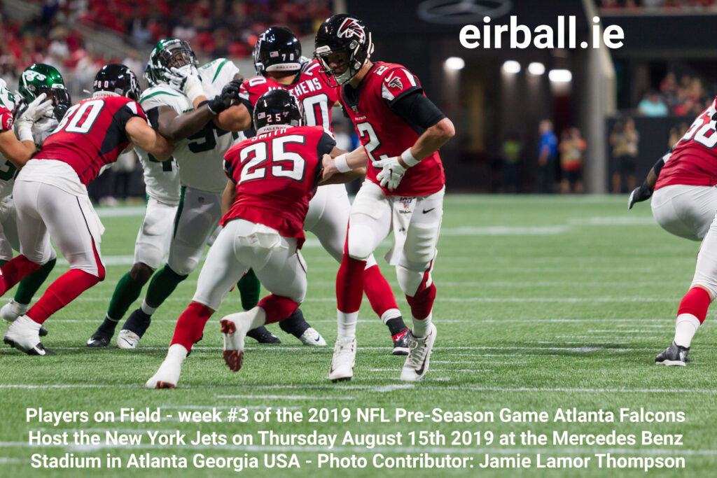 Players on Field - week #3 of the 2019 NFL Pre-Season Game Atlanta Falcons Host the New York Jets on Thursday August 15th 2019 at the Mercedes Benz Stadium in Atlanta Georgia USA