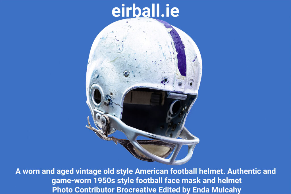 A worn and aged vintage old style American football helmet. Authentic and game-worn 1950s style football face mask and helmet
Photo Contributor Brocreative Edited by Enda Mulcahy